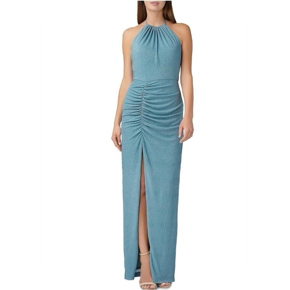 NWT Aidan by Aidan Mattox Metallic Knit Halter Gown Sage Size 2 - Picture 1 of 6